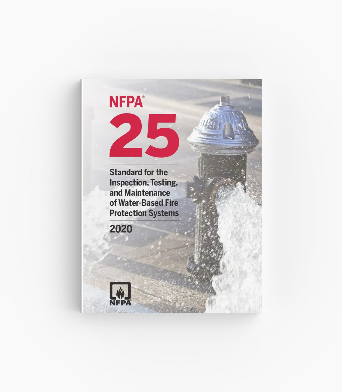 Product photo of 2020 NFPA 25 Standard for the Inspection, Testing, and Maintenance of Water-Based Fire Protection Systems, lying flat with the front cover visible.