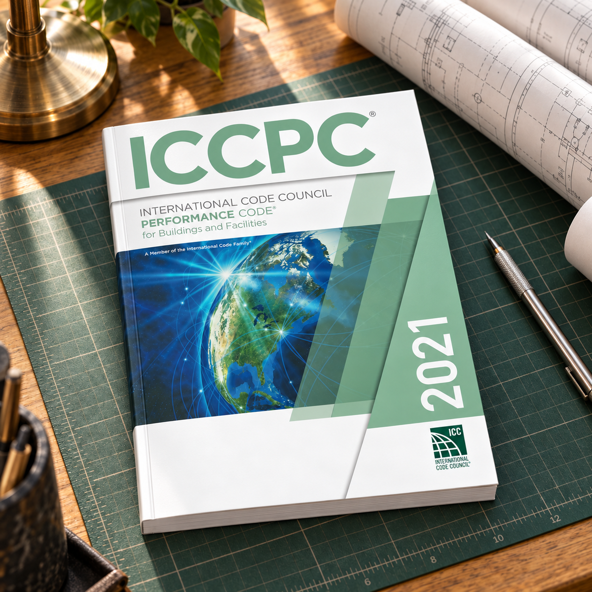 2021 ICC Performance Code® for Buildings and Facilities – Softcover on a drafting desk