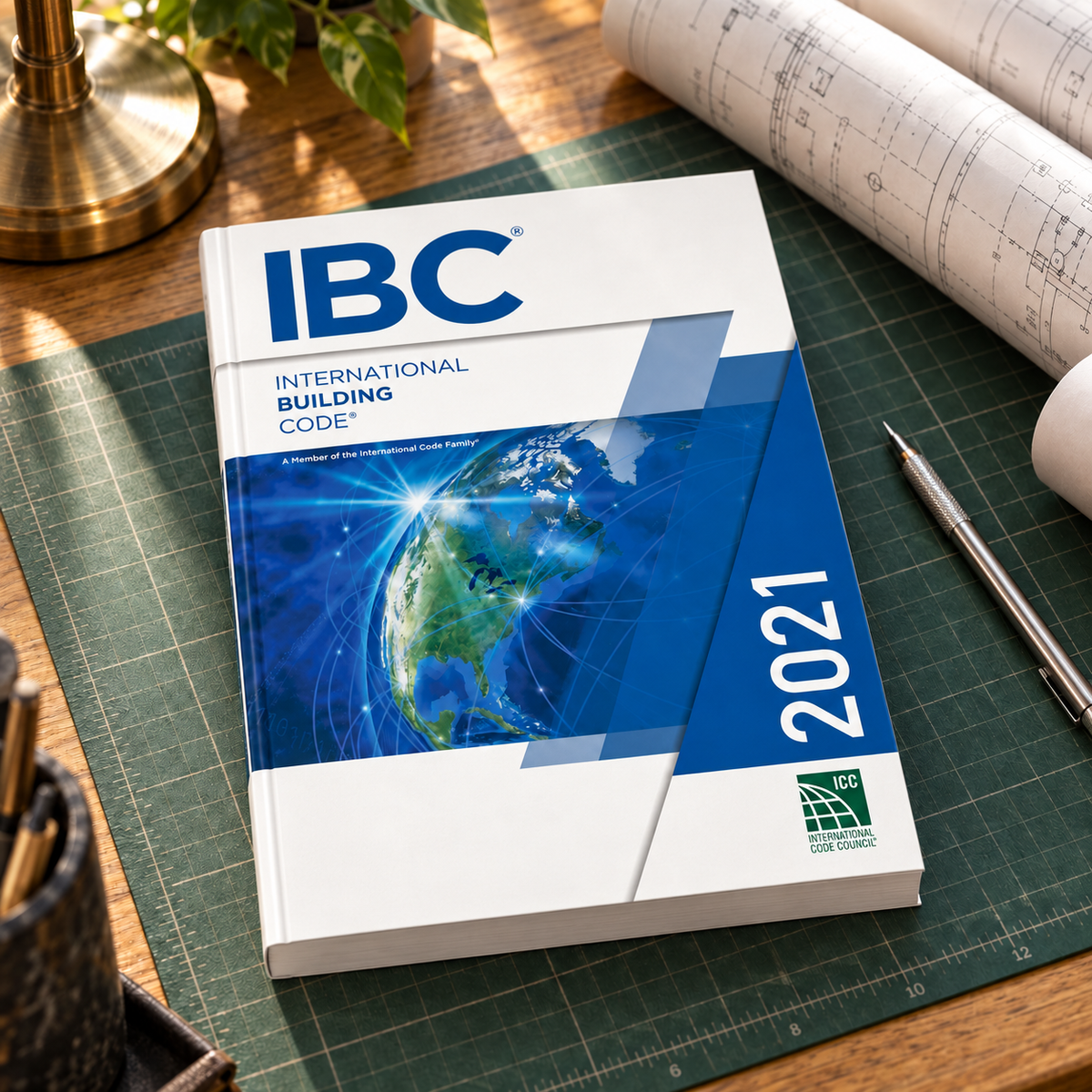 2021 International Building Code® – Softcover on a drafting desk