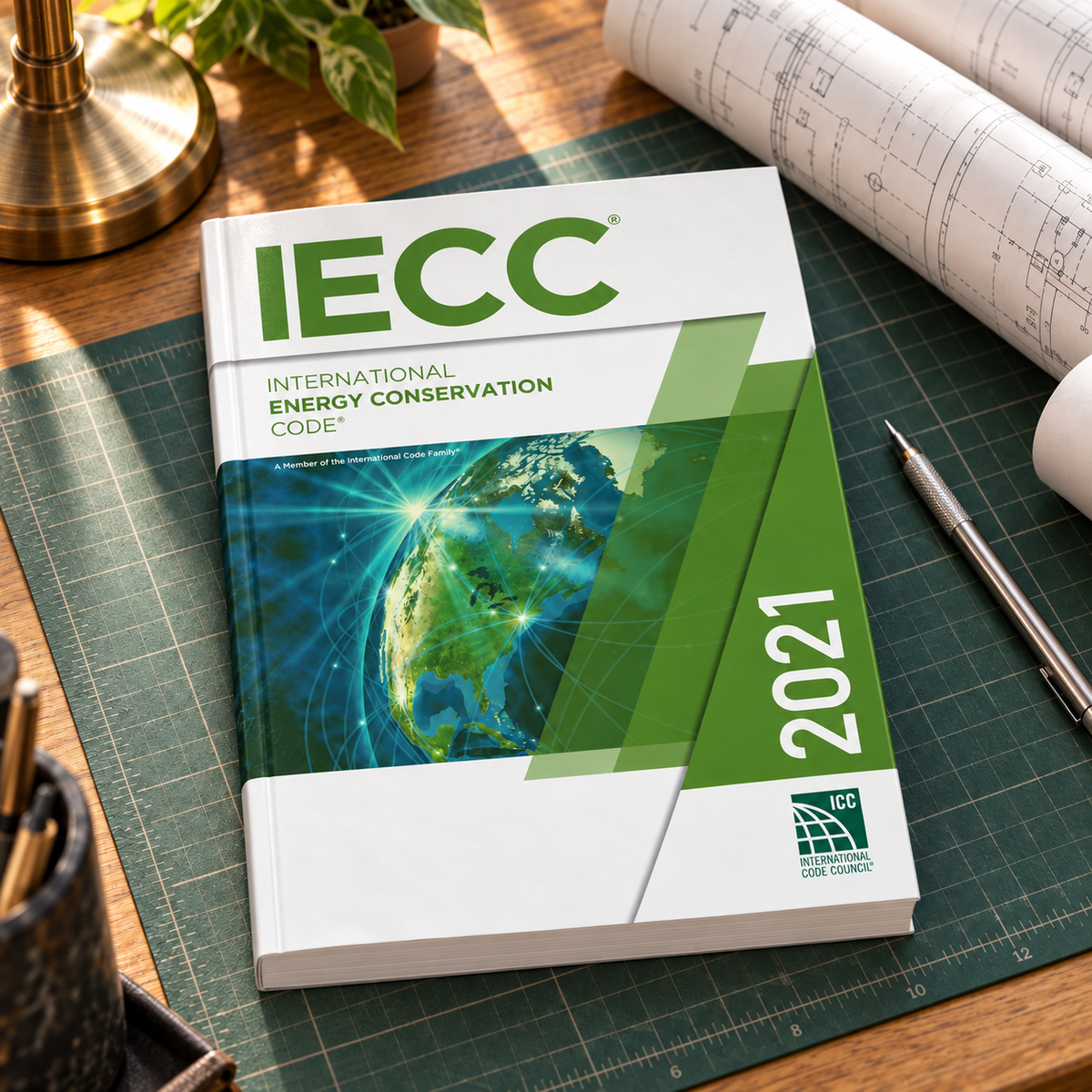 2021 International Energy Conservation Code® – Softcover on a drafting desk