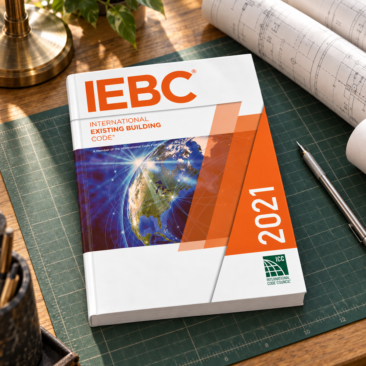 2021 International Existing Building Code® – Softcover on a drafting desk