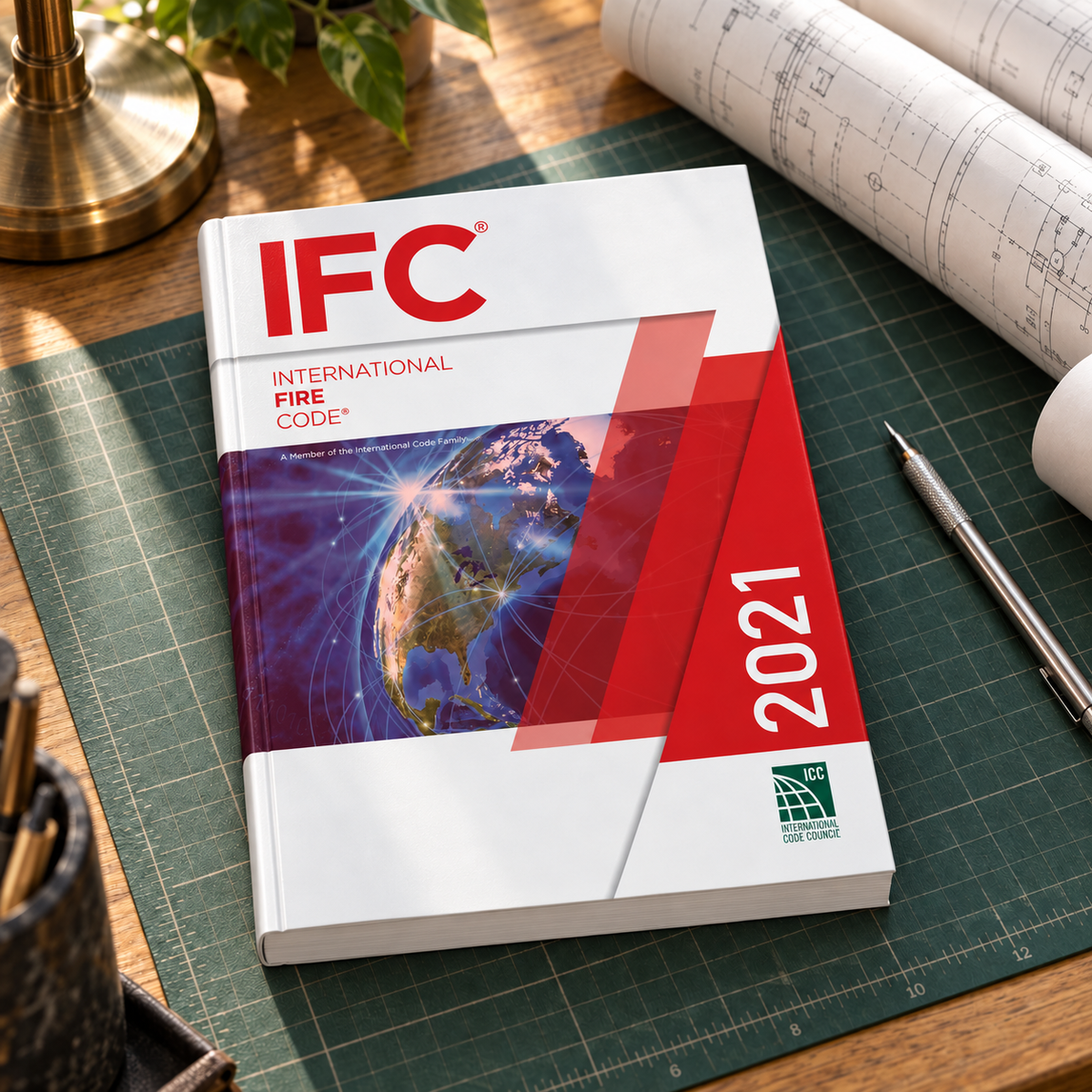 2021 International Fire Code® – Softcover on a drafting desk