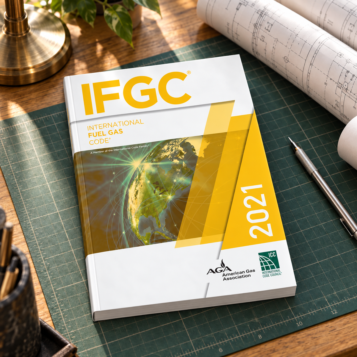 2021 International Fuel Gas Code® – Softcover on a drafting desk