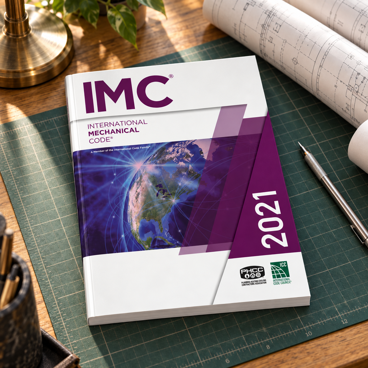 2021 International Mechanical Code® – Softcover on a drafting desk