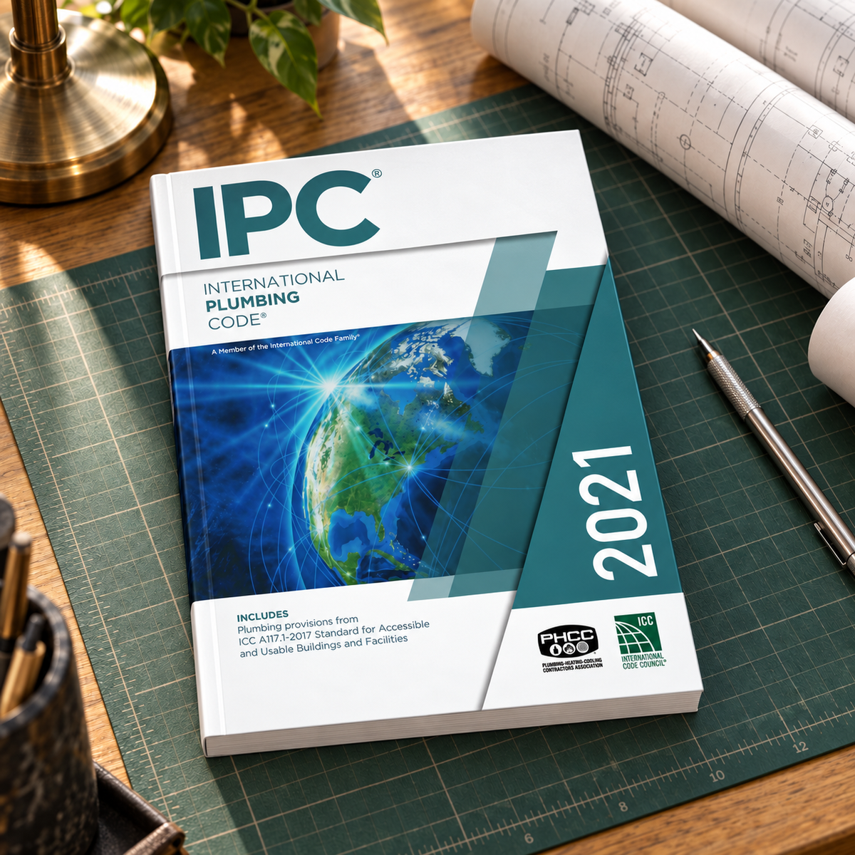 2021 International Plumbing Code® – Softcover on a drafting desk