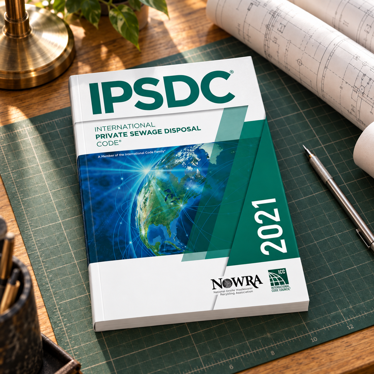 2021 International Private Sewage Disposal Code® – Softcover on a drafting desk