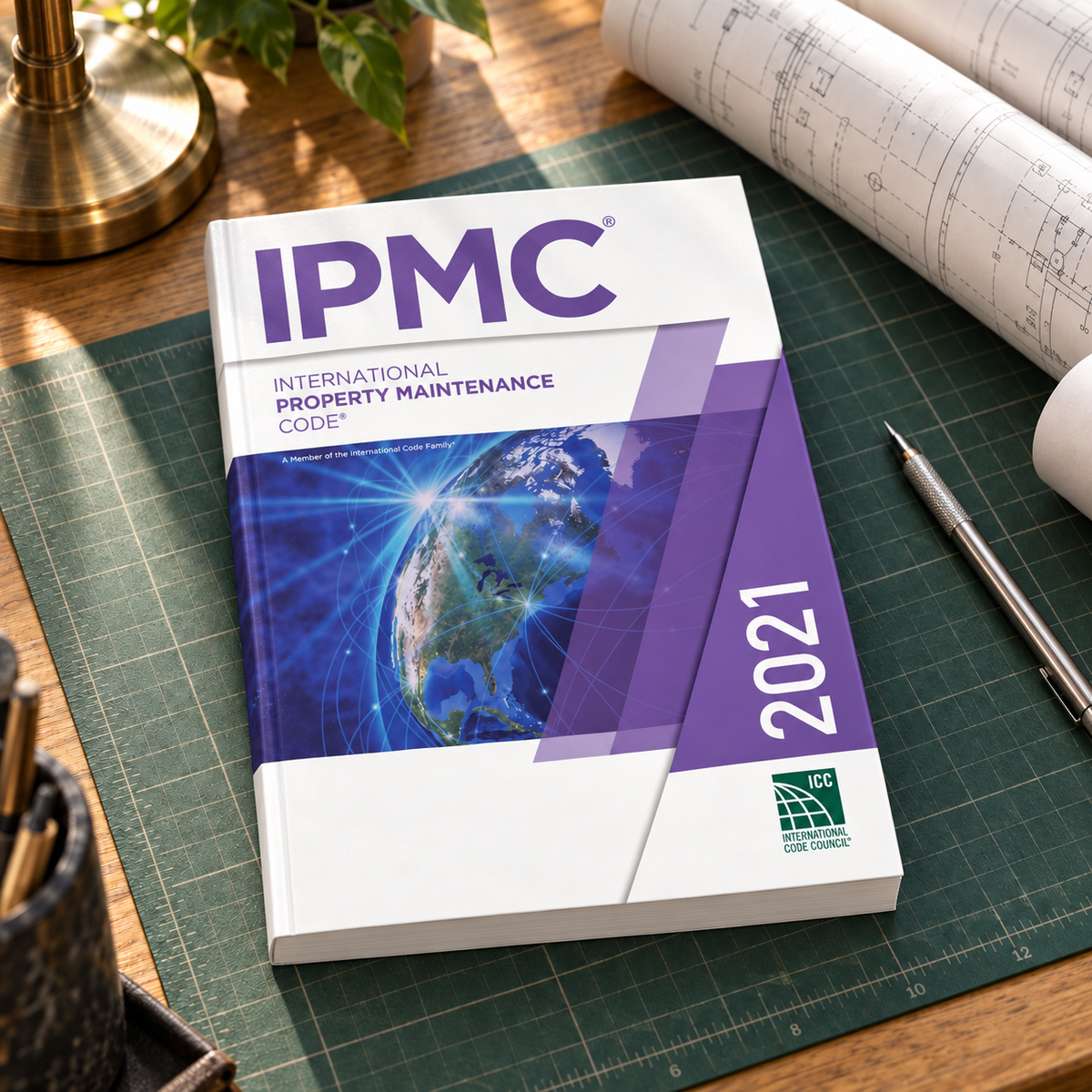 2021 International Property Maintenance Code® – Softcover on a drafting desk