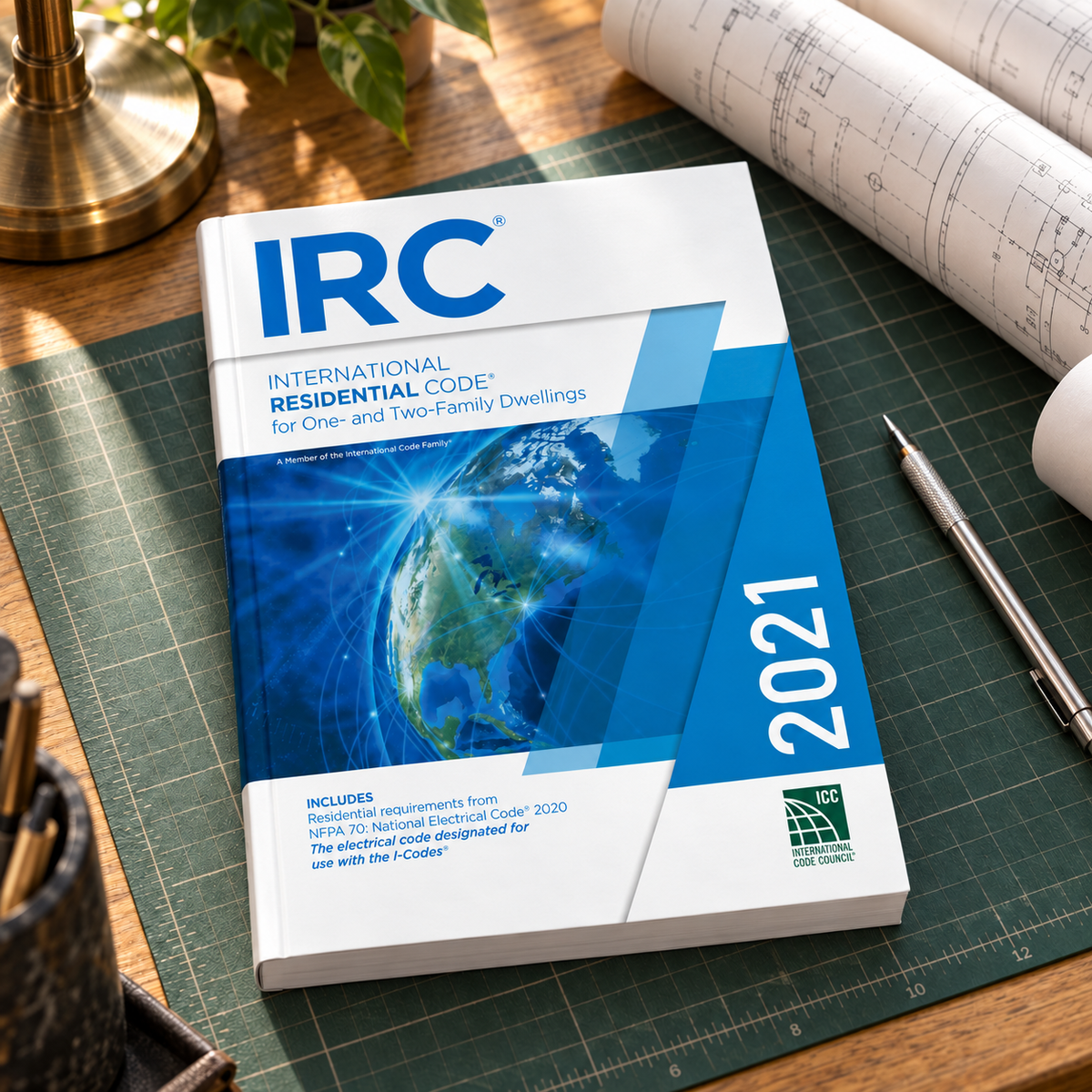 2021 International Residential Code® – Softcover on a drafting desk