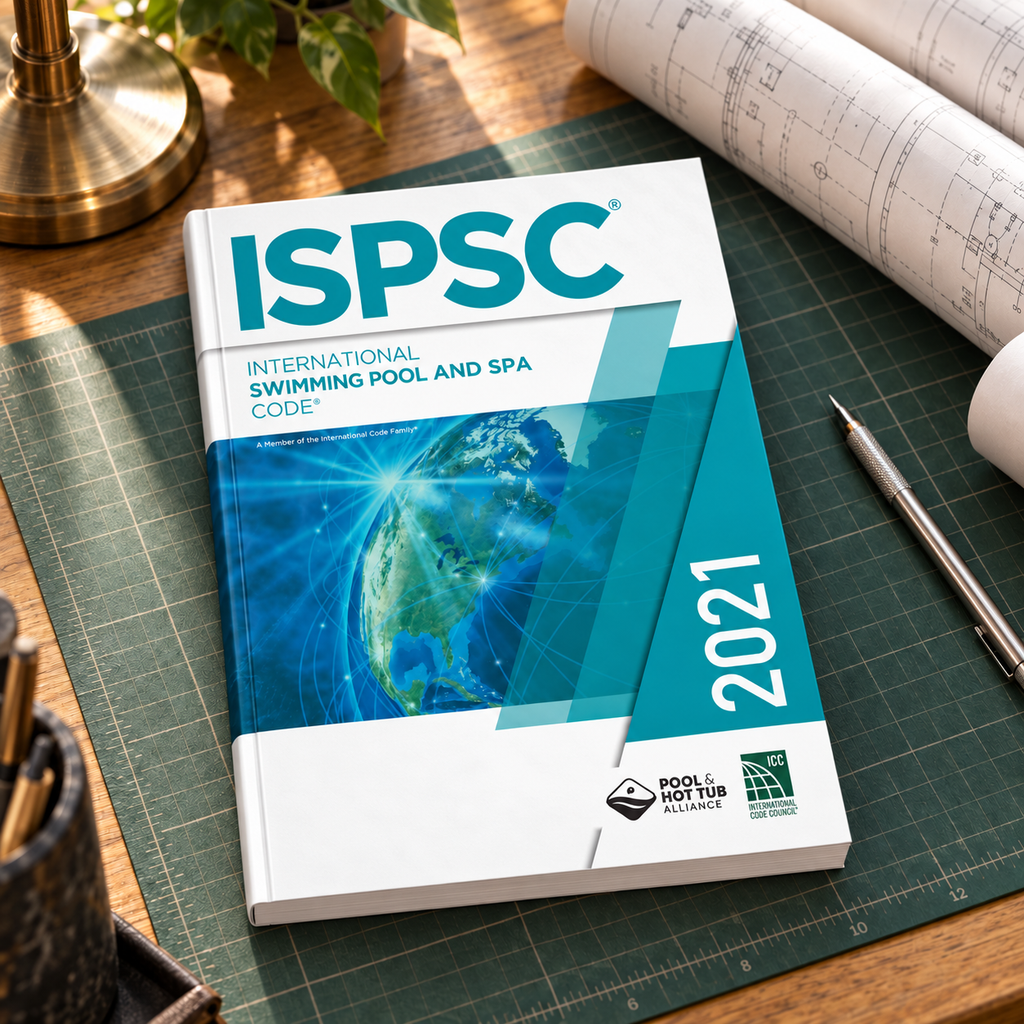 2021 International Swimming Pool and Spa Code® (ISPSC) – Softcover on a drafting desk