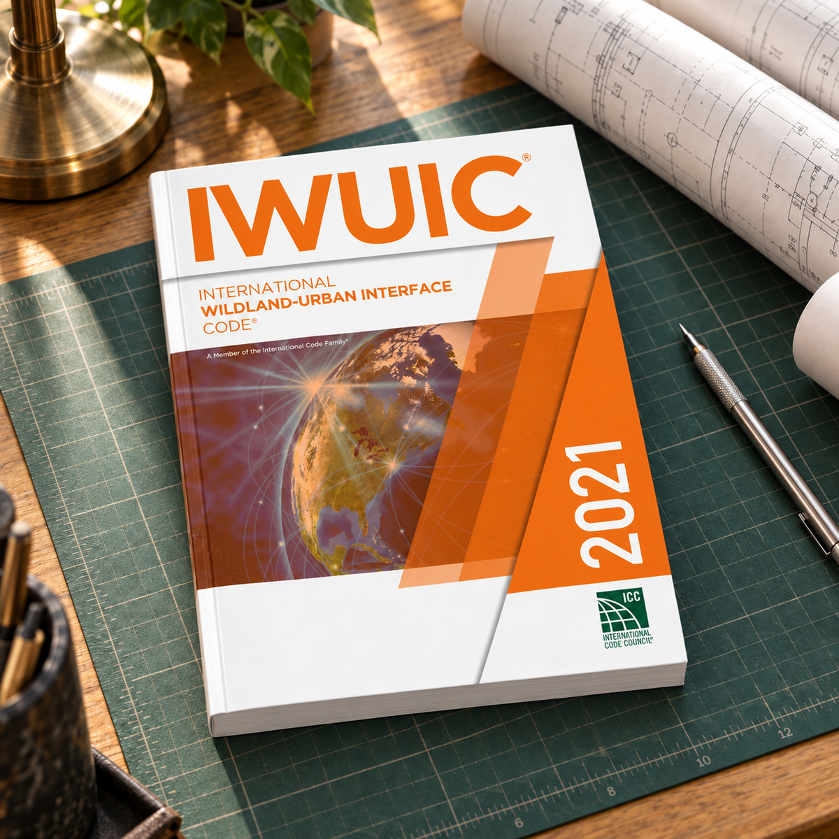 2021 International Wildland-Urban Interface Code® – Softcover on a drafting desk