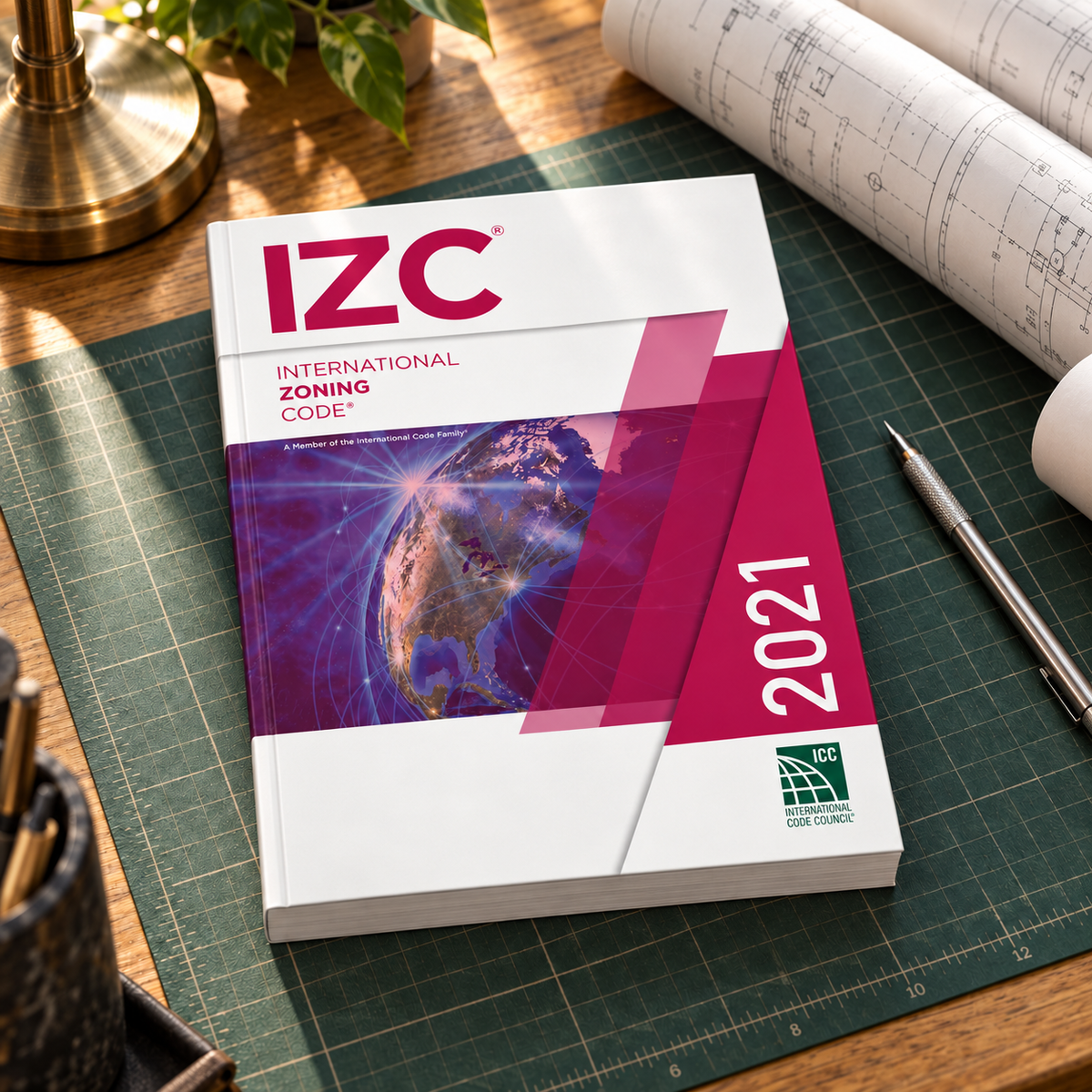 2021 International Zoning Code® – Softcover on a drafting desk