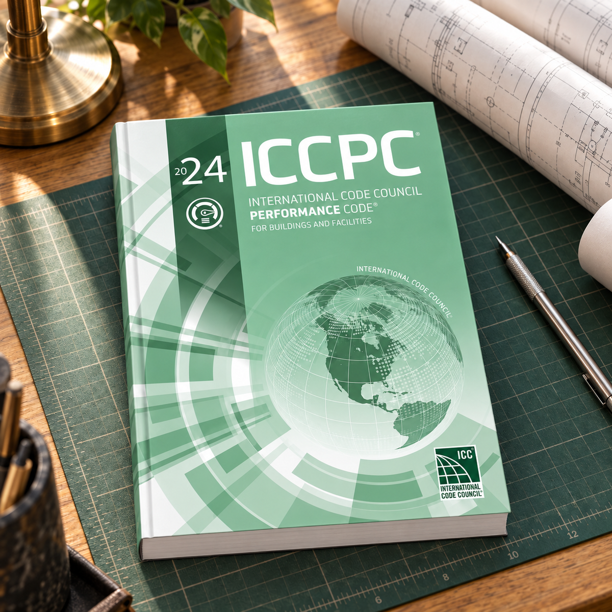 2024 ICC Performance Code® for Buildings and Facilities – Softcover on a drafting desk