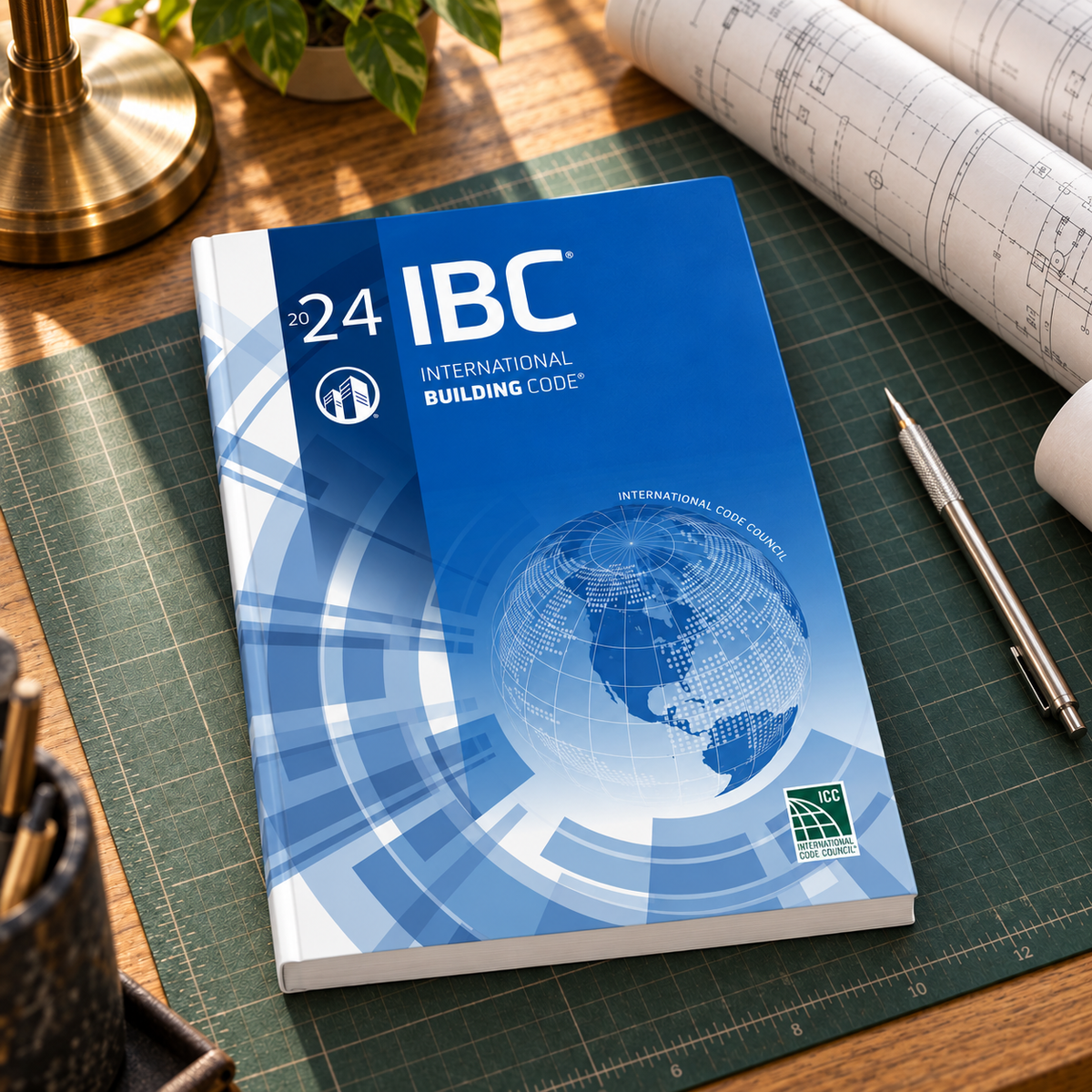 2024 International Building Code® – Softcover on a drafting desk