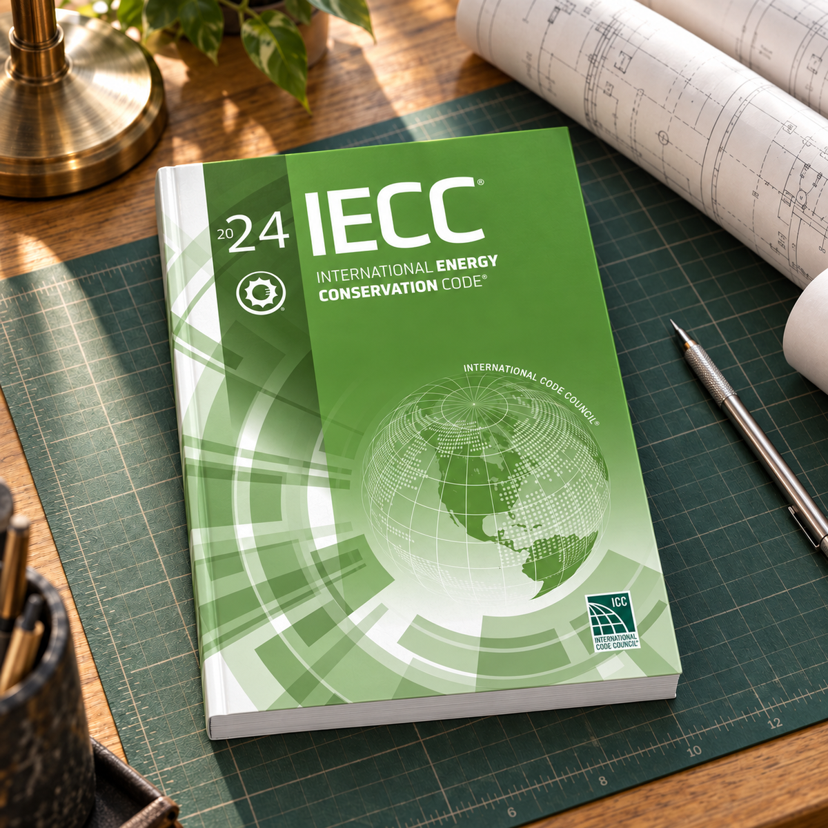 2024 International Energy Conservation Code® – Softcover on a drafting desk