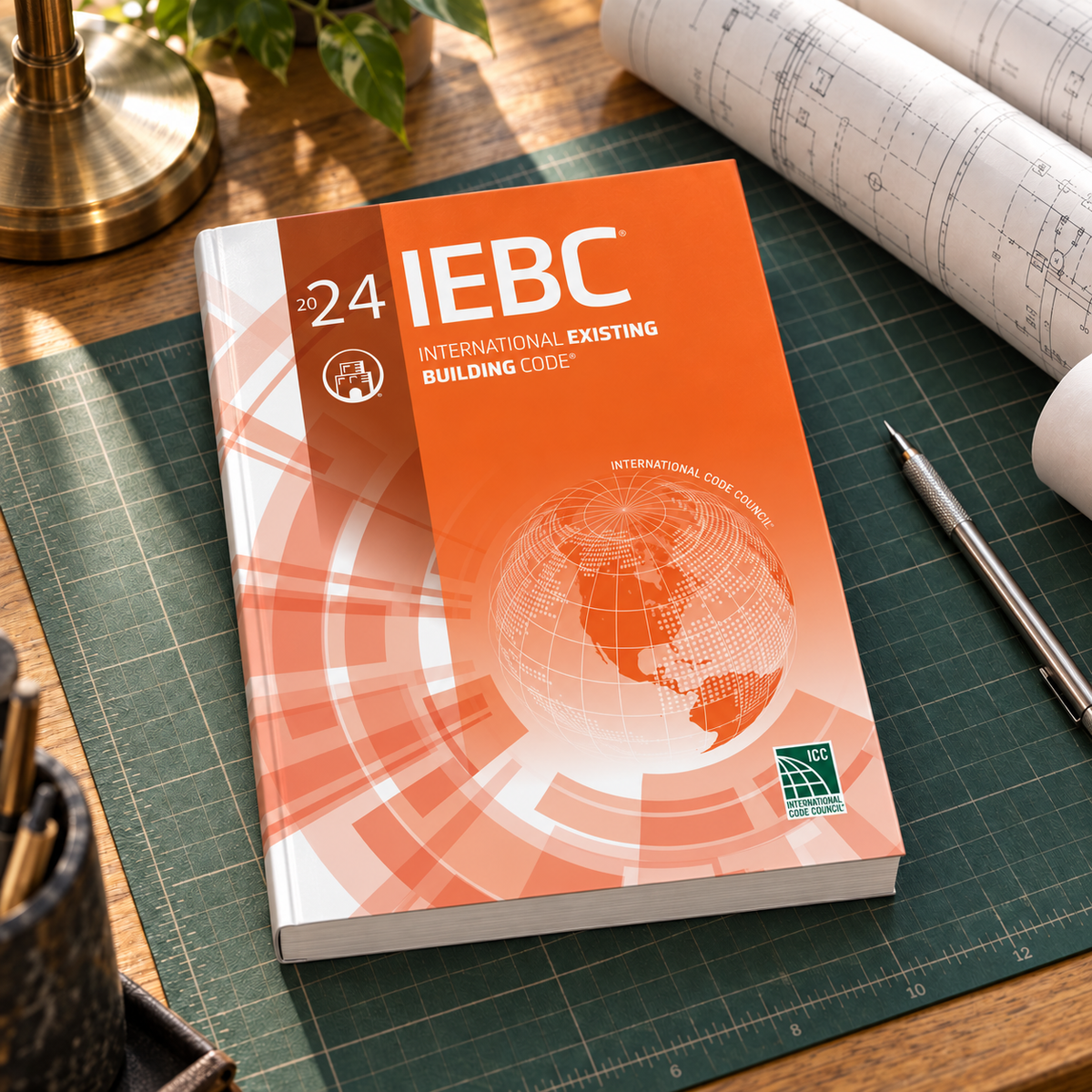 2024 International Existing Building Code® – Softcover on a drafting desk