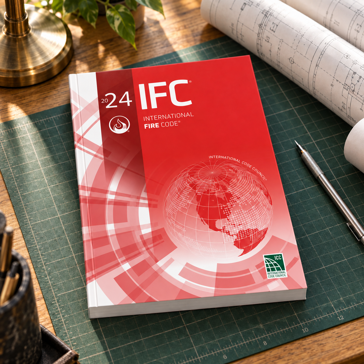2024 International Fire Code® – Softcover on a drafting desk