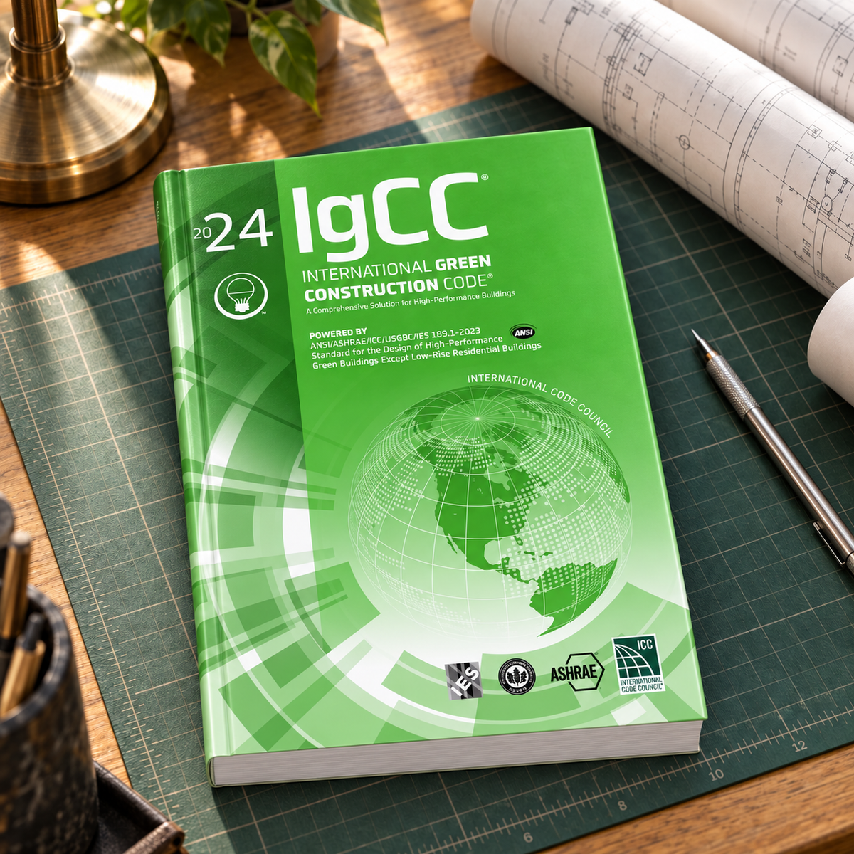 2024 International Green Construction Code® (IgCC®) – Softcover on a drafting desk