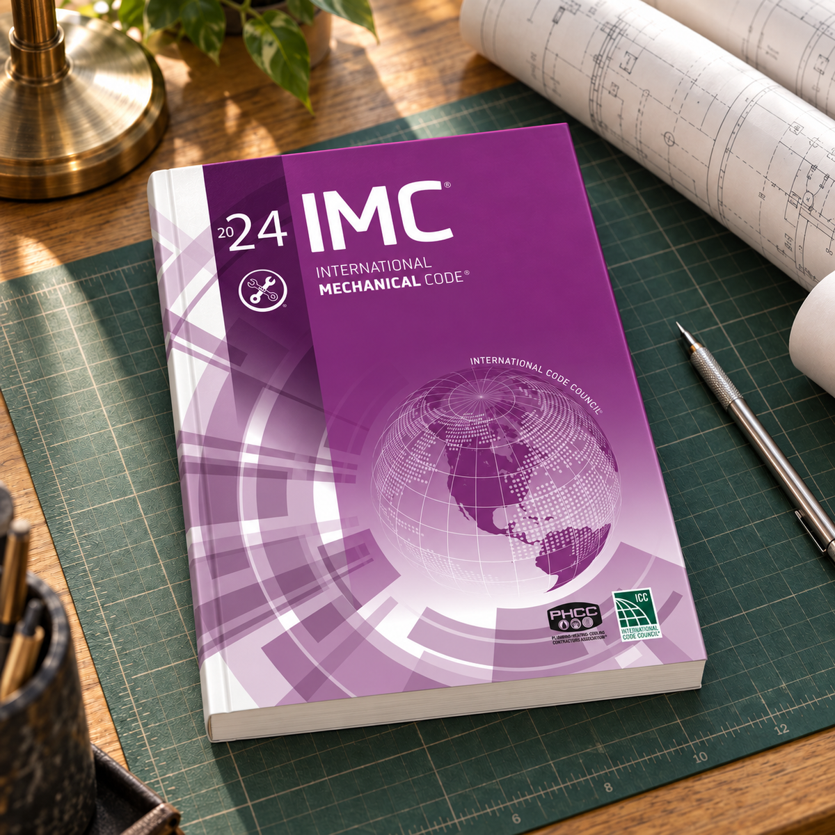 2024 International Mechanical Code® – Softcover on a drafting desk