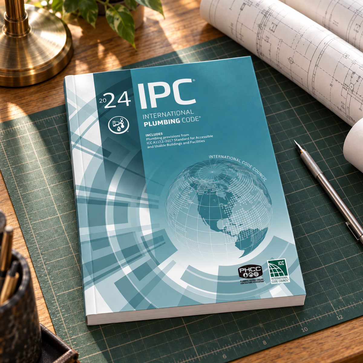 2024 International Plumbing Code® – Softcover on a drafting desk