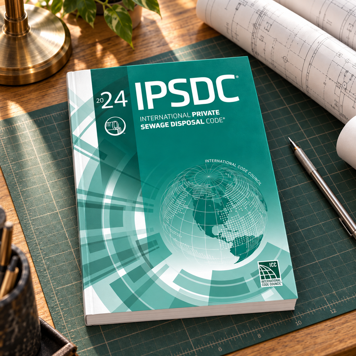 2024 International Private Sewage Disposal Code® – Softcover on a drafting desk