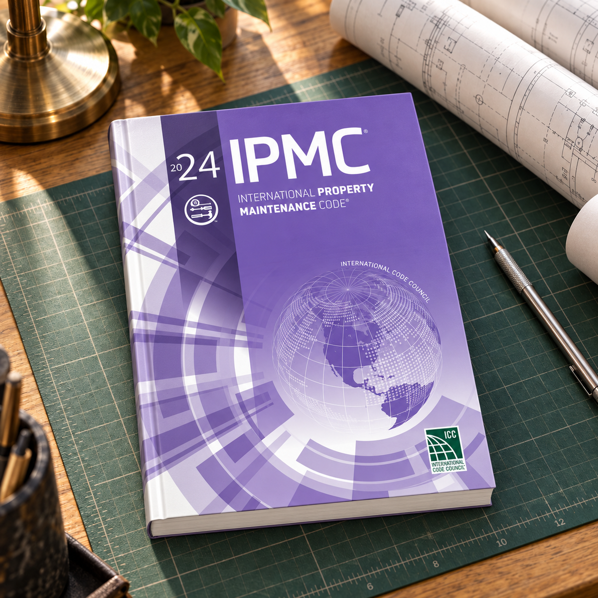 2024 International Property Maintenance Code® – Softcover on a drafting desk
