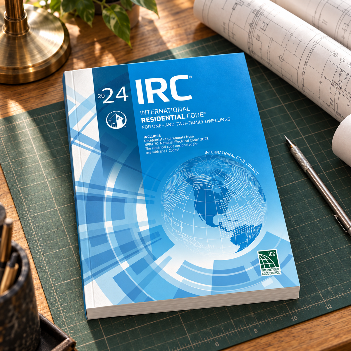 2024 International Residential Code® – Softcover on a drafting desk