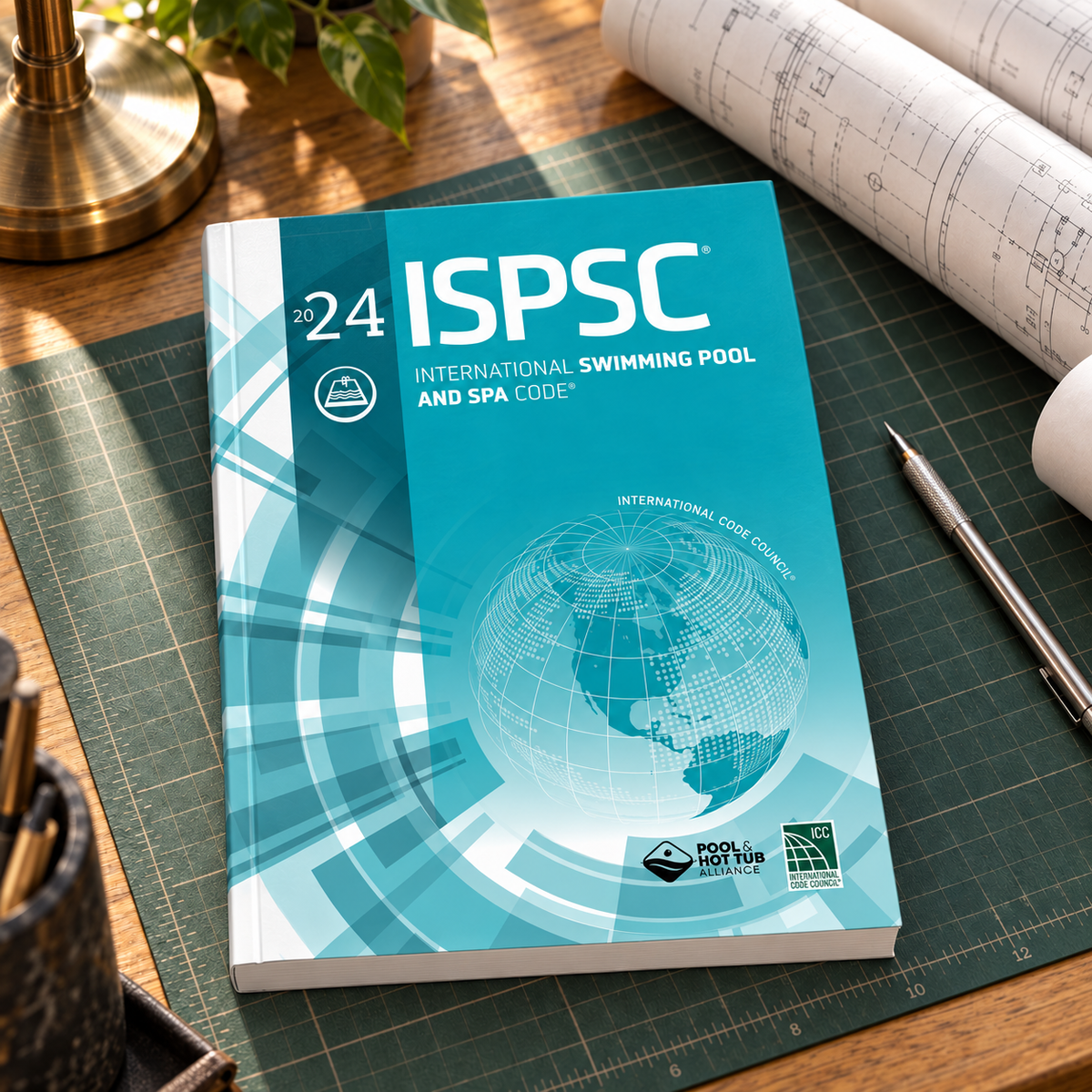 2024 International Swimming Pool and Spa Code® (ISPSC) – Softcover on a drafting desk