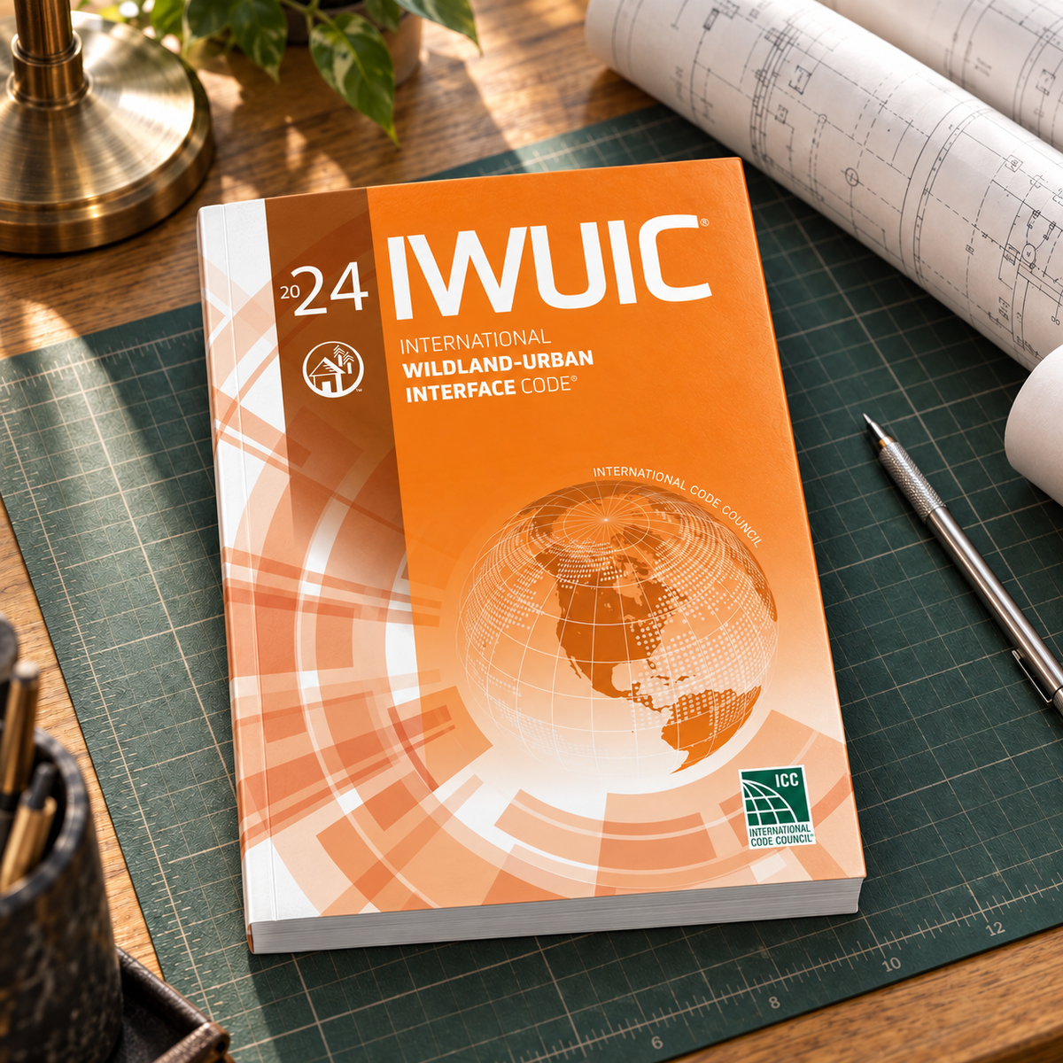 2024 International Wildland-Urban Interface Code® – Softcover on a drafting desk