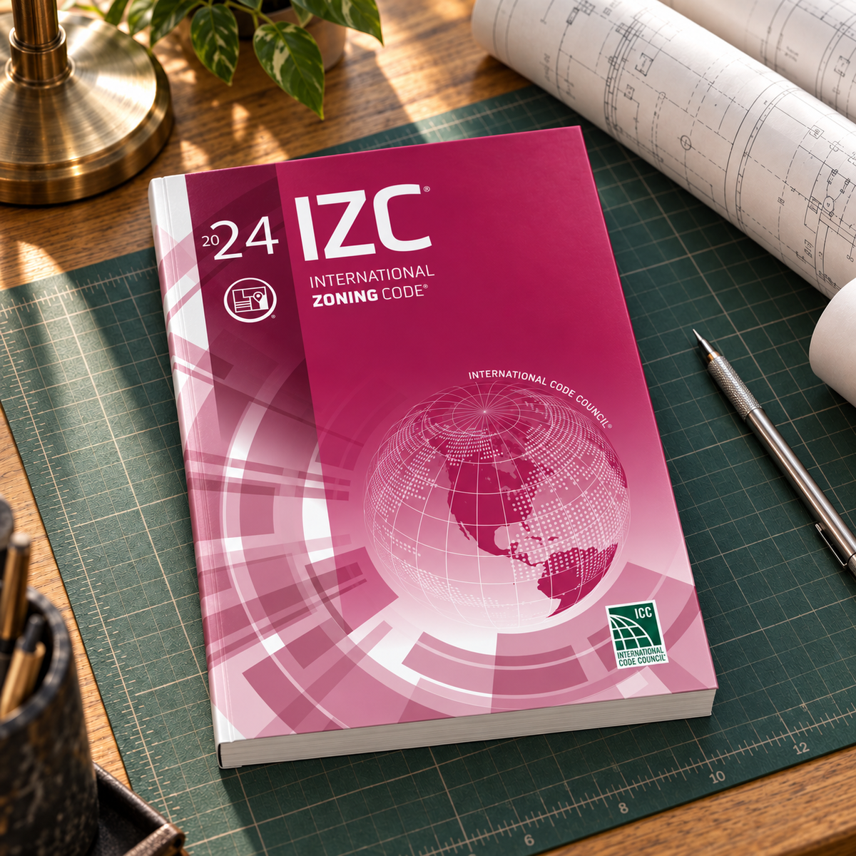 2024 International Zoning Code® – Softcover on a drafting desk