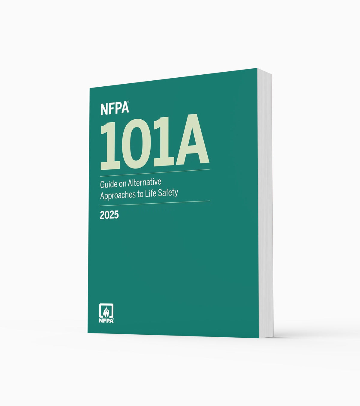 Product photo of 2025 NFPA 101A Guide on Alternative Approaches to Life Safety, standing upright with the front cover visible.