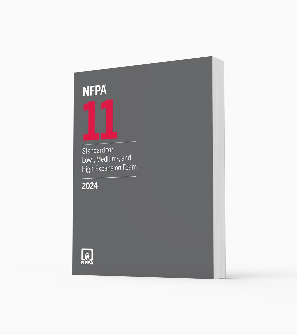 Product photo of 2024 NFPA 11 Standard for Low-, Medium, and High-Expansion Foam, standing upright with the front cover visible.