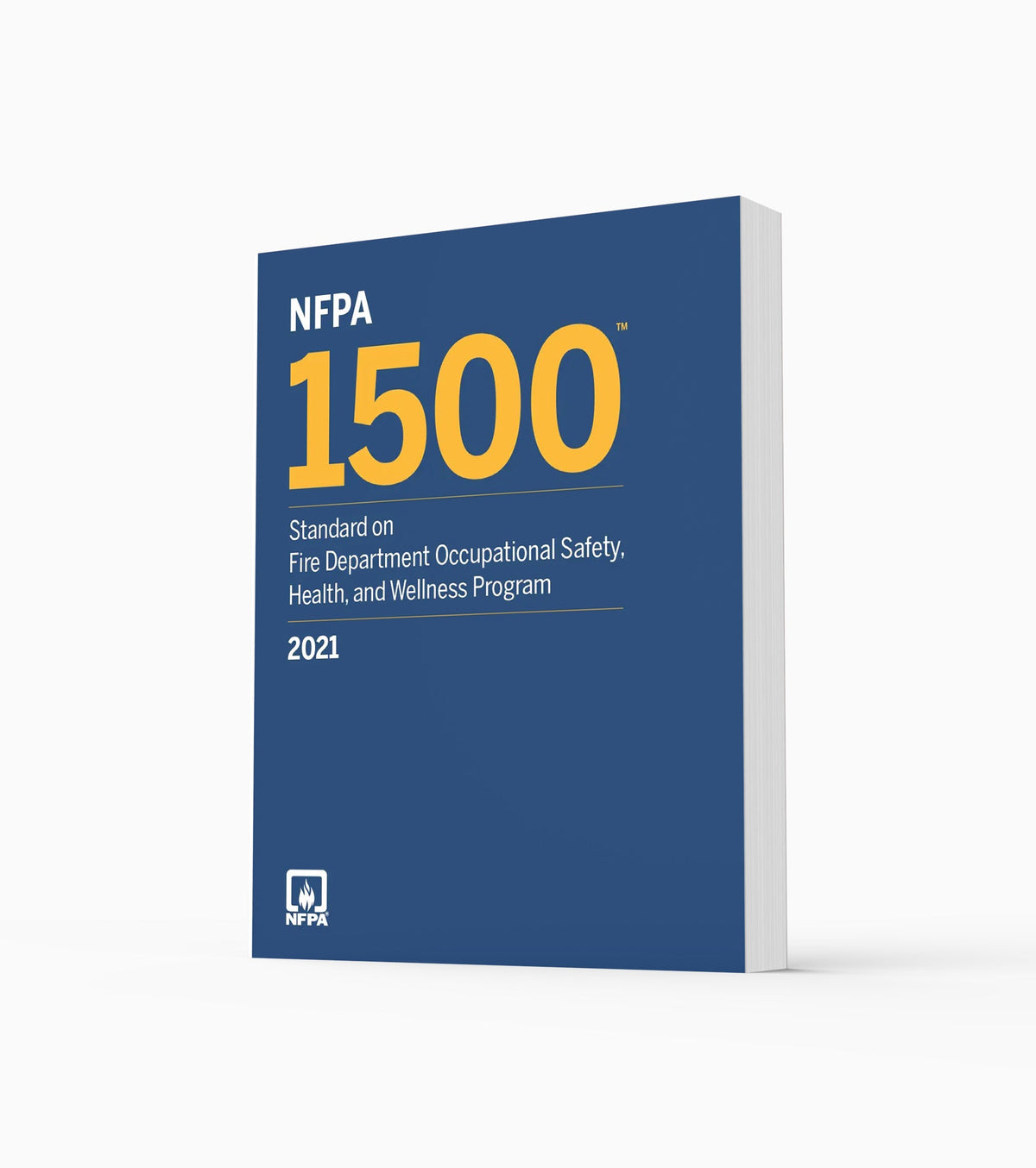 Product photo of 2021 NFPA 1500 Standard on Fire Department Occupational Safety, Health, and Wellness Program, standing upright with the front cover visible.