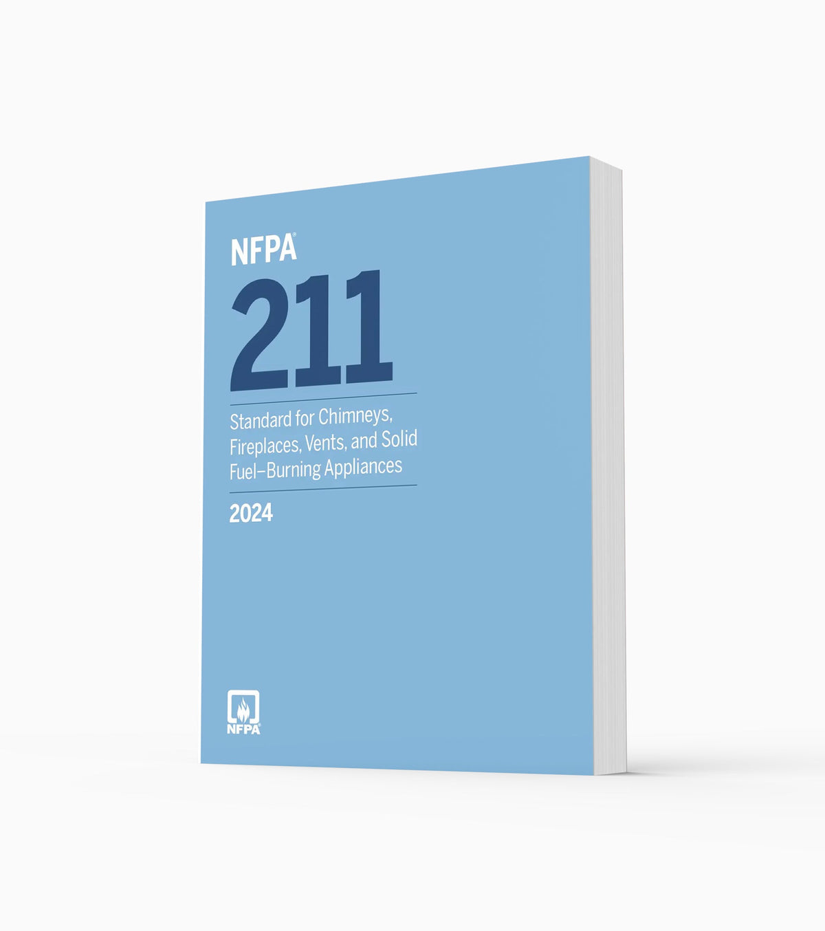 Product photo of 2024 NFPA 211 Standard for Chimneys, Fireplaces, Vents, and Solid Fuel-Burning Appliances, standing upright with the front cover visible.