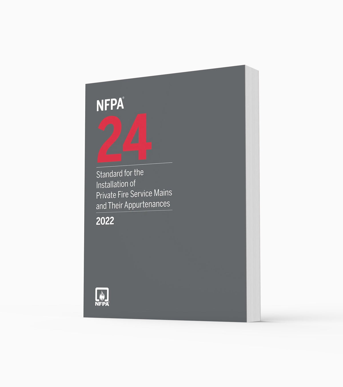 Product photo of 2022 NFPA 24 Standard for the Installation of Private Fire Service Mains and Their Appurtenances, standing upright with the front cover visible.