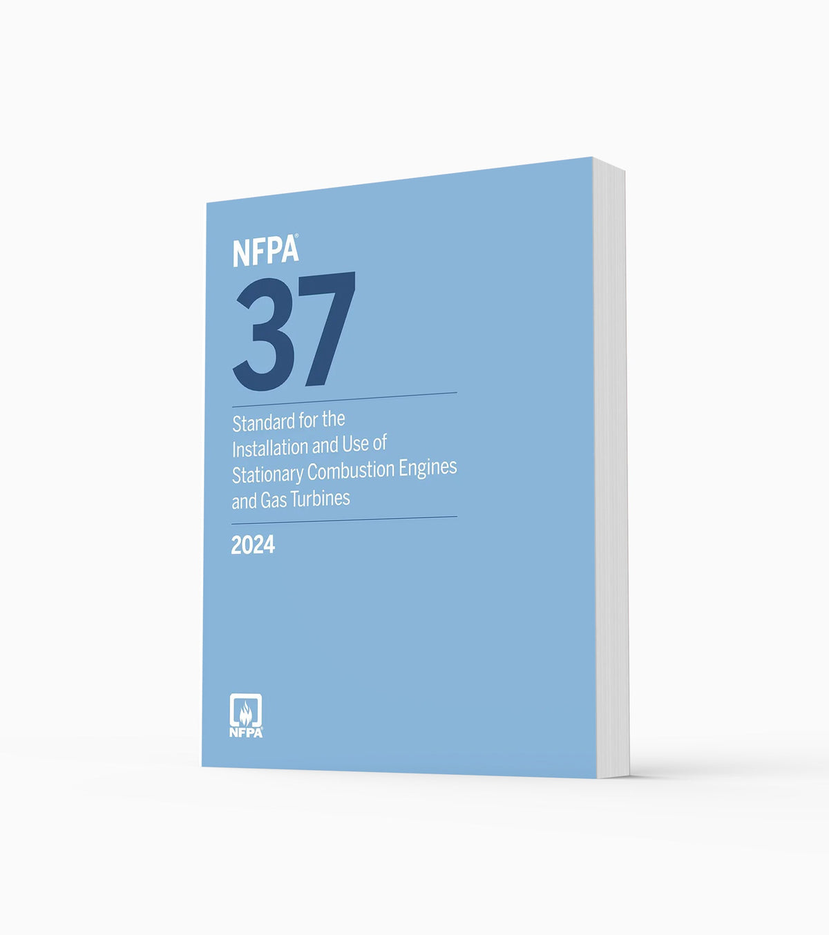 Product photo of 2024 NFPA 37 Standard for the Installation and Use of Stationary Combustion Engines and Gas Turbines, standing upright with the front cover visible.