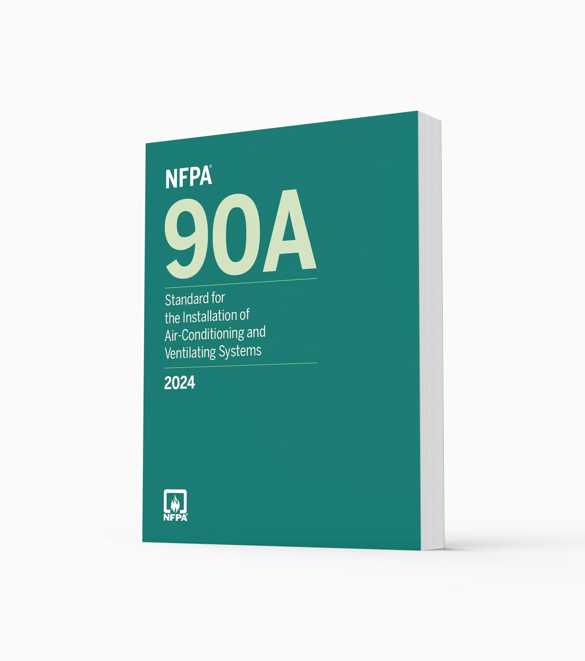 Product photo of 2024 NFPA 90A Standard for the Installation of Air-Conditioning and Ventilating Systems, standing upright with the front cover visible.