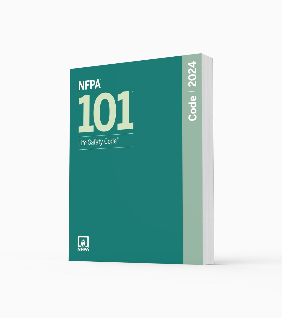 Product photo of 2024 NFPA 101 Life Safety Code, standing upright with the front cover visible.