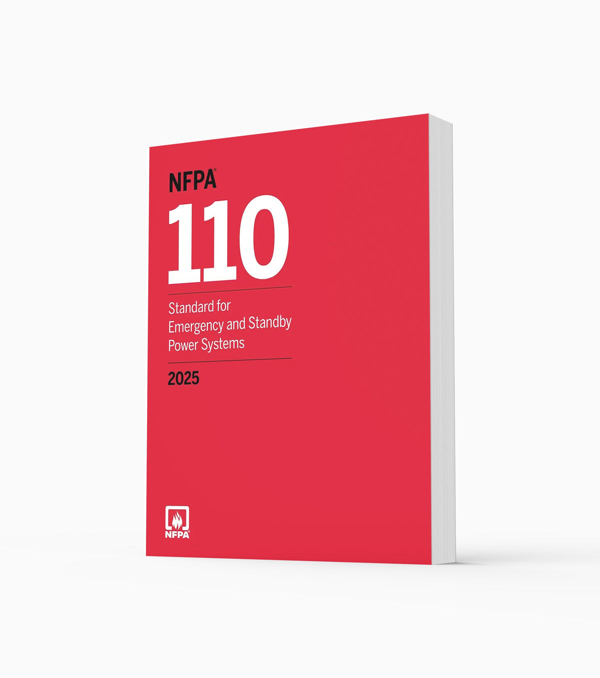Product photo of 2025 NFPA 110 Standard for Emergency and Standby Power Systems, standing upright with the front cover visible.