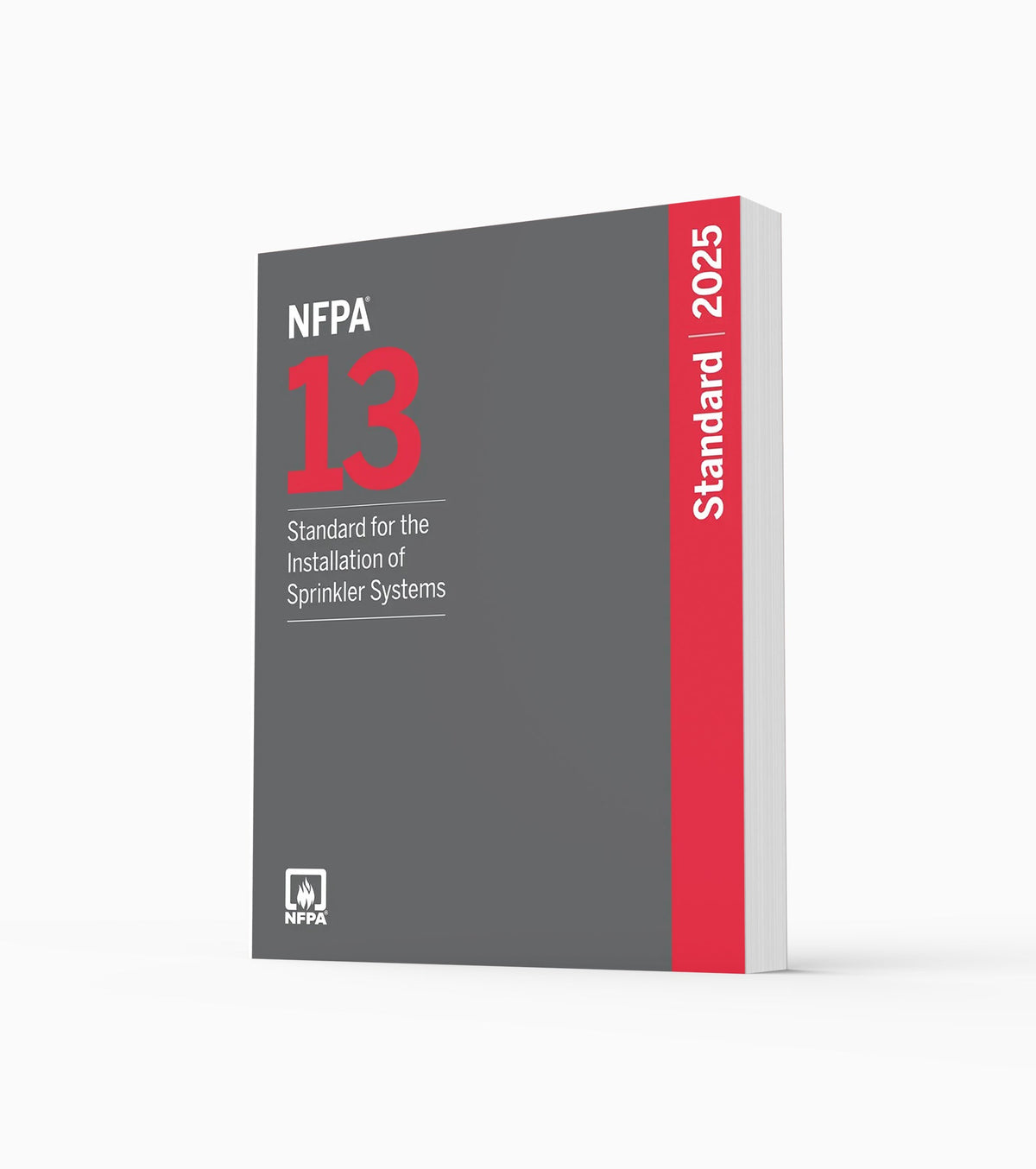 Product photo of 2025 NFPA 13 Standard for the Installation of Sprinkler Systems, standing upright with the front cover visible.