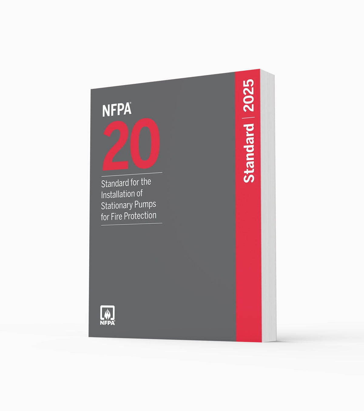 Product photo of 2025 NFPA 20 Standard for the Installation of Stationary Pumps for Fire Protection, standing upright with the front cover visible.