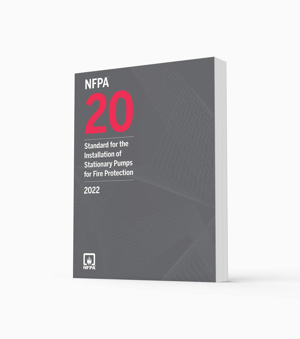 Product photo of 2022 NFPA 20 Standard for the Installation of Stationary Pumps for Fire Protection, standing upright with the front cover visible.
