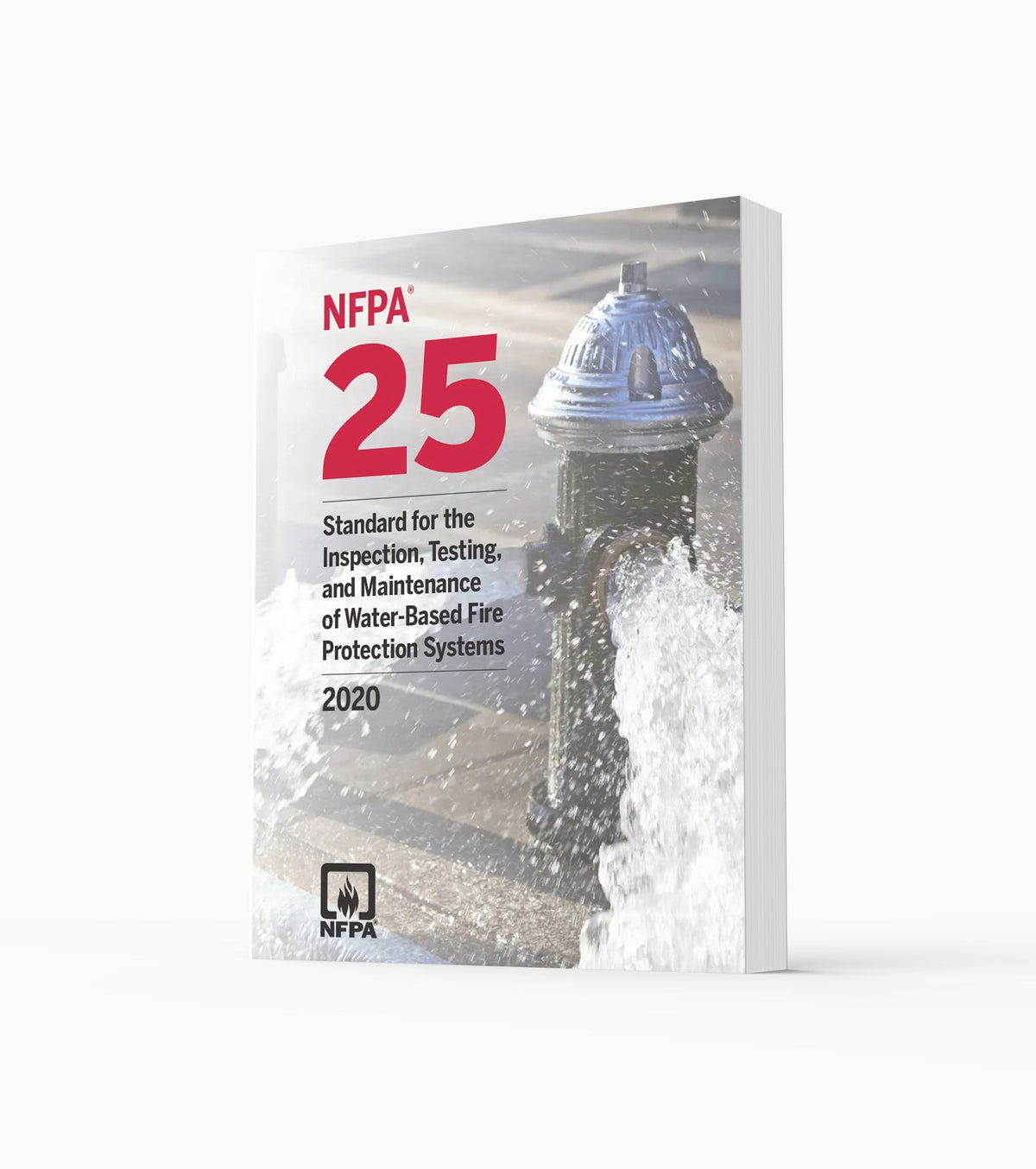 Product photo of 2020 NFPA 25 Standard for the Inspection, Testing, and Maintenance of Water-Based Fire Protection Systems, standing upright with the front cover visible.