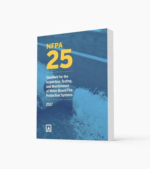 Product photo of 2017 NFPA 25 Standard for the Inspection, Testing, and Maintenance of Water-Based Fire Protection Systems, standing upright with the front cover visible.
