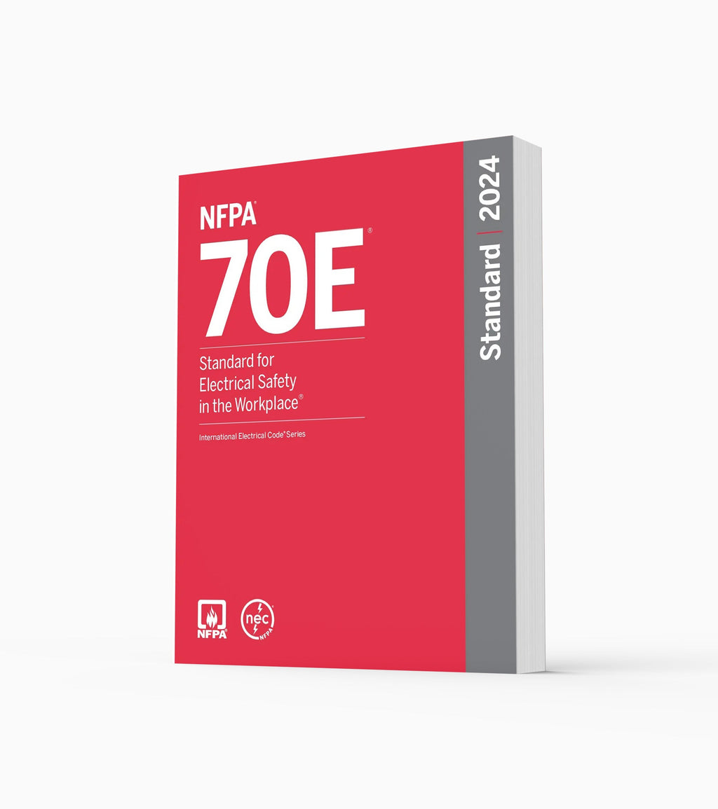 Product photo of 2024 NFPA 70E Standard for Electrical Safety in the Workplace, standing upright with the front cover visible.