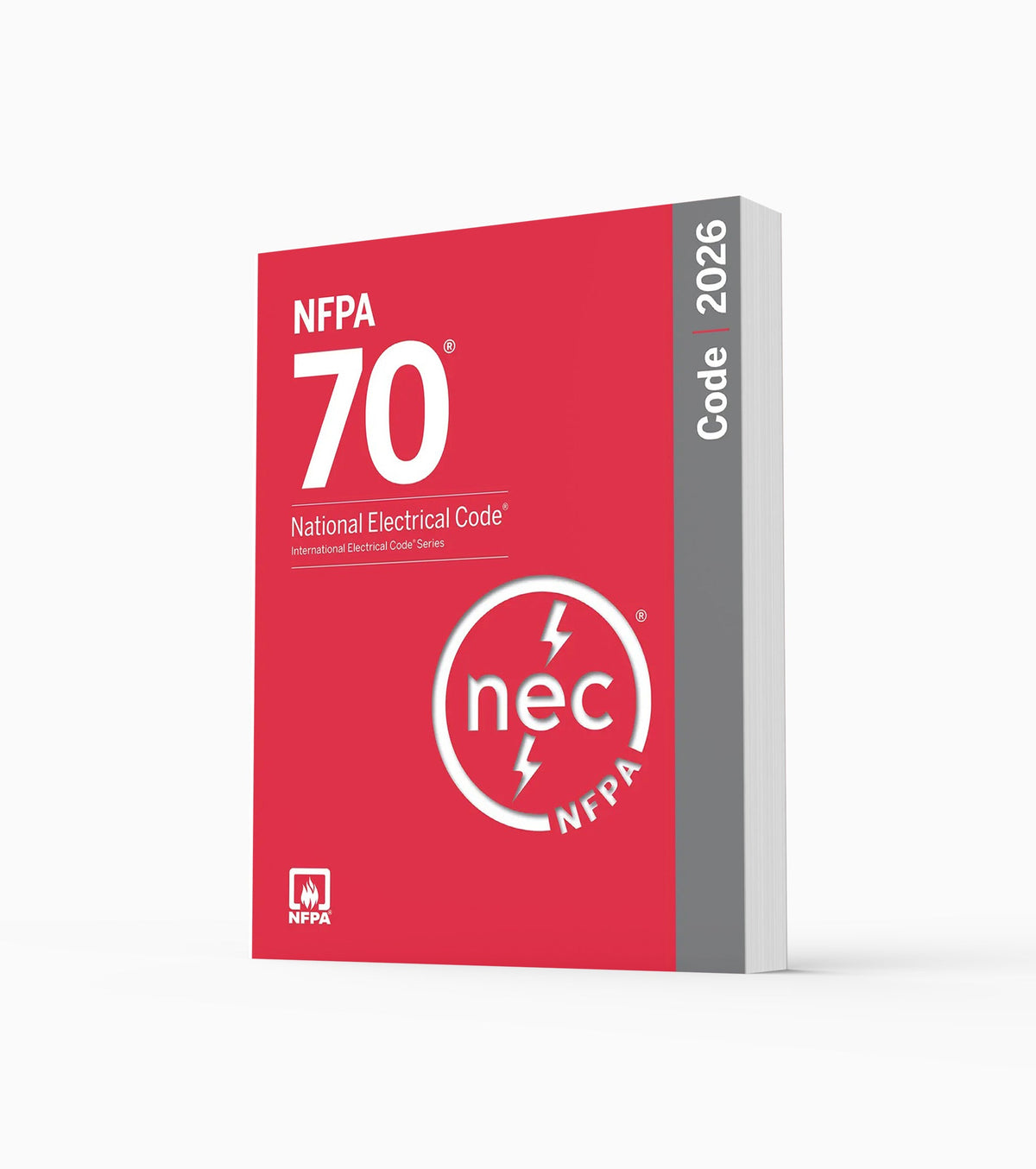 Product photo of 2026 NFPA 70 National Electrical Code, standing upright with the front cover visible.
