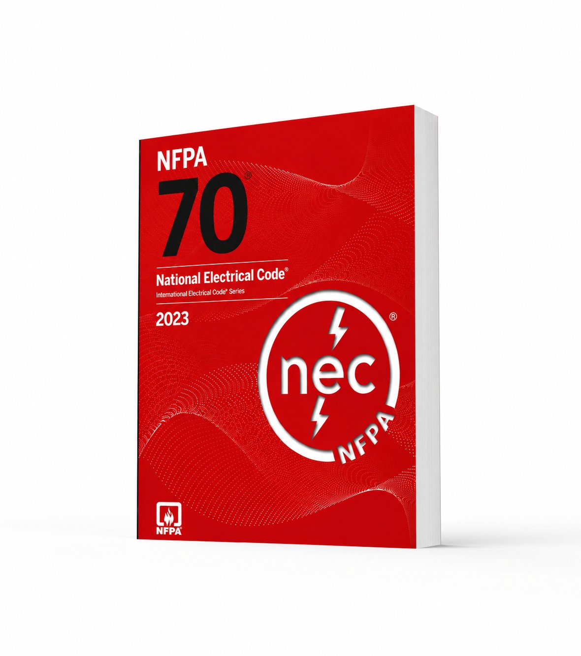 2023 NFPA 70 National Electrical Code (NEC) softcover standing on a white background, rich red cover, silver NFPA logo, and a barely visible black binding edge.