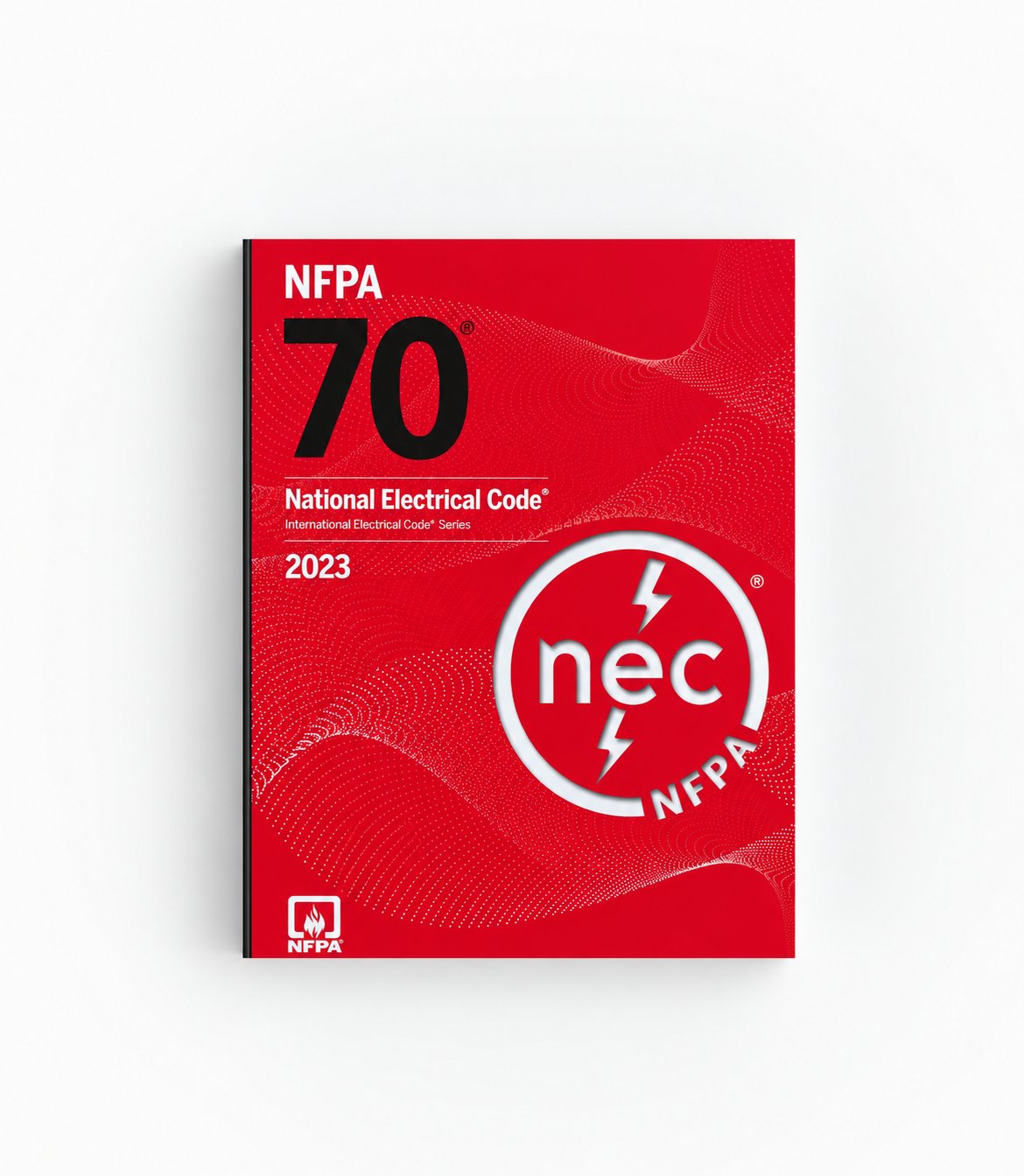 2023 NFPA 70 National Electrical Code (NEC) softcover lying flat on a white background, rich red cover, silver NFPA logo, and black binding.