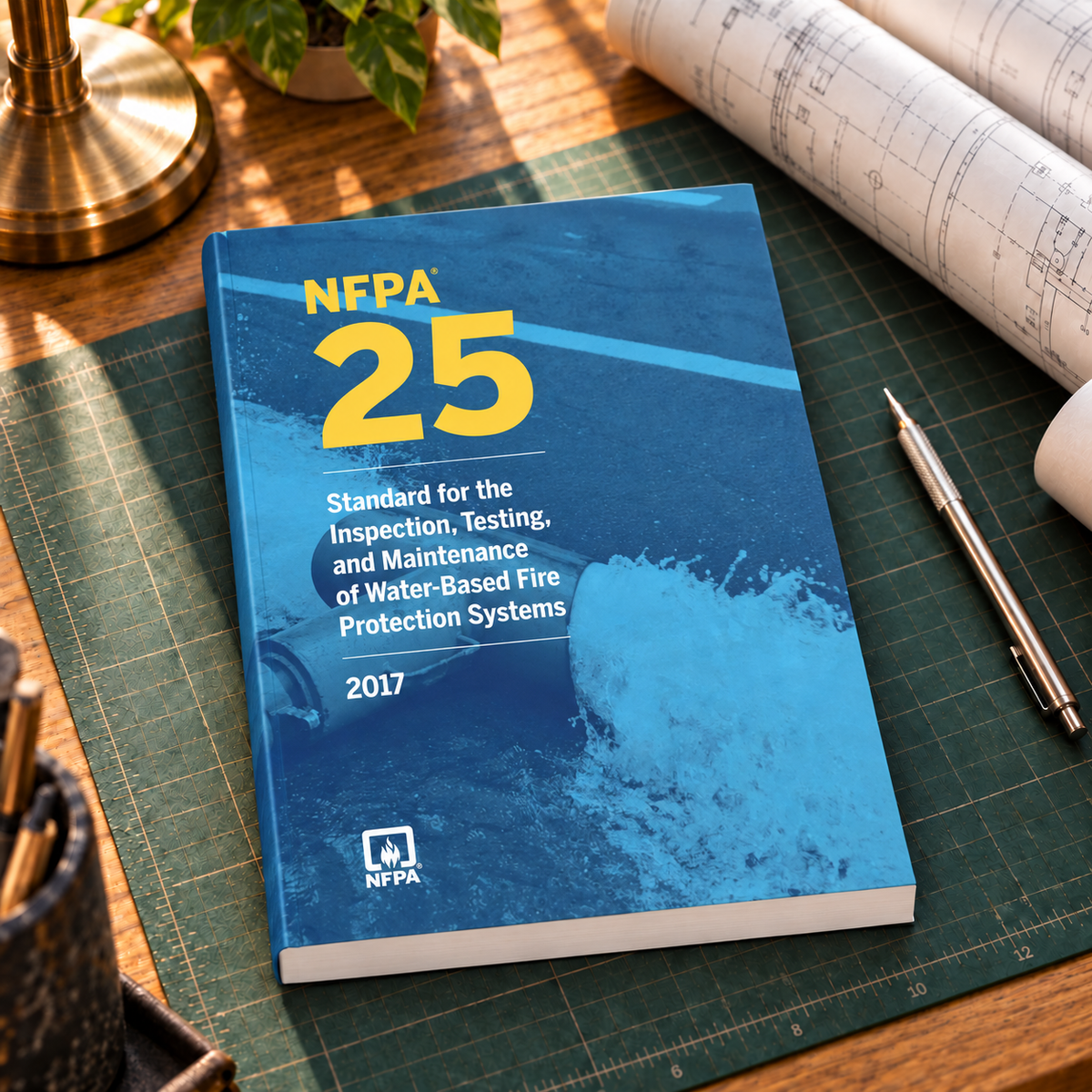 2017 NFPA 25 Standard for the Inspection, Testing, and Maintenance of Water-Based Fire Protection Systems – Softbound shown on an office drafting desk with a matching cover-colored binding.