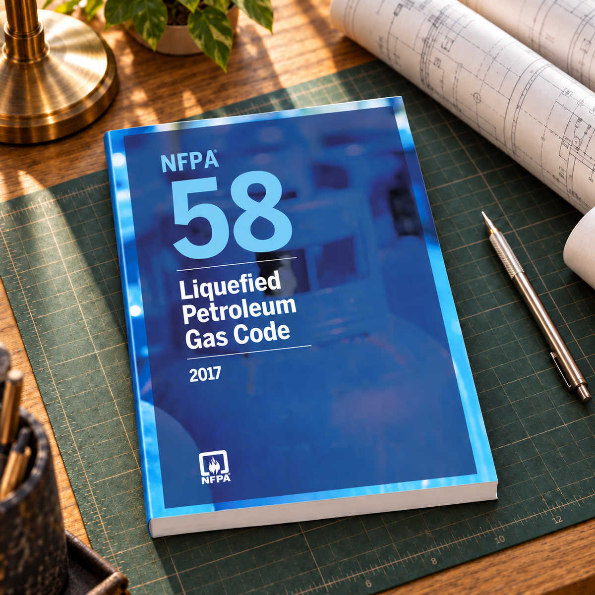 2017 NFPA 58 Liquefied Petroleum Gas Code – Softbound shown on an office drafting desk with a matching cover-colored binding.