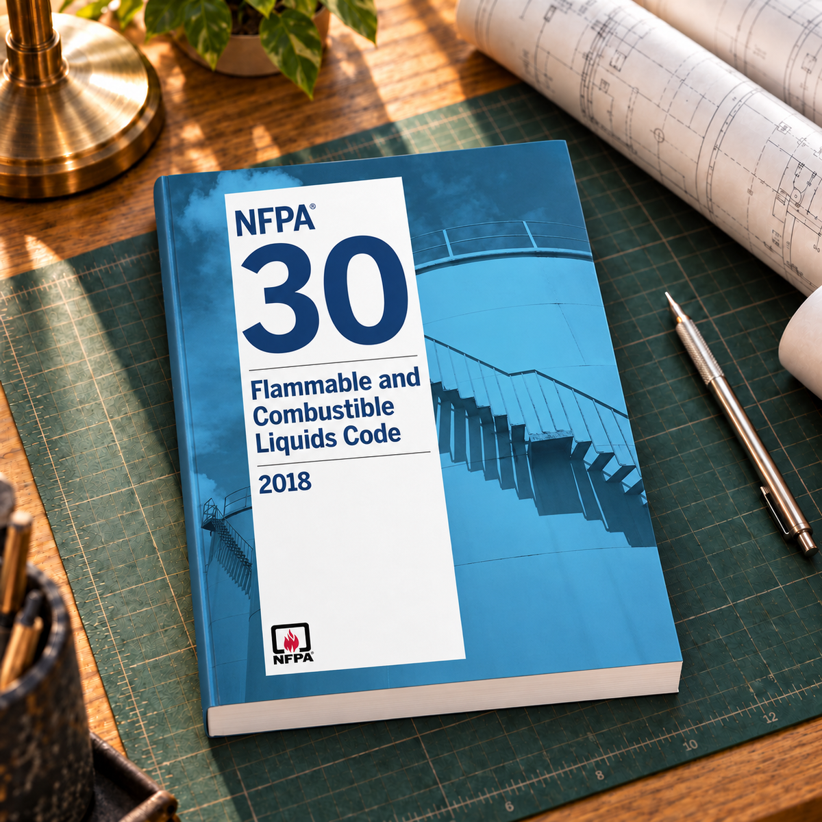 2018 NFPA 30 Flammable and Combustible Liquids Code – Softbound shown on an office drafting desk with a matching cover-colored binding.